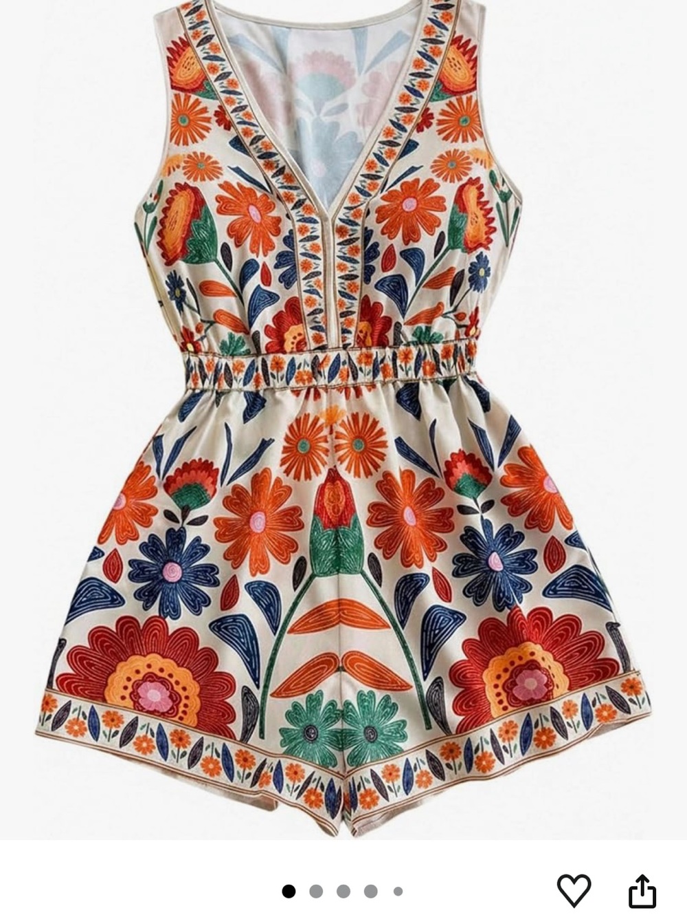 Floral Embroidered V-Neck Sleeveless Romper in White & Orange